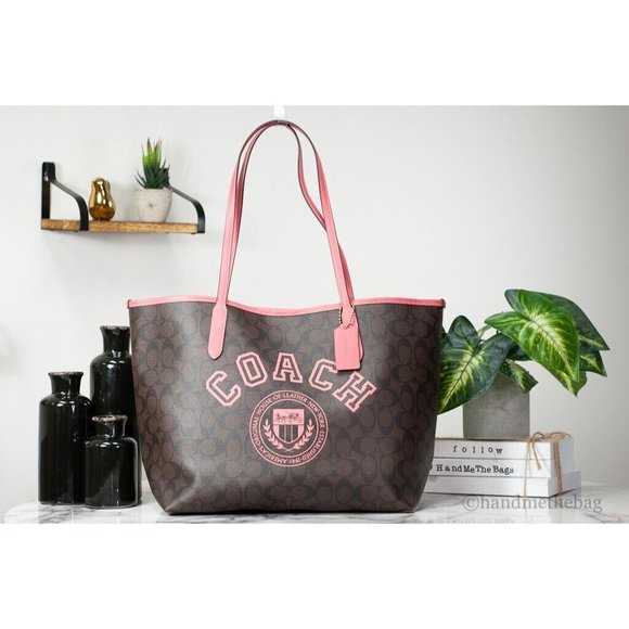 Coach Handbags - NEW Coach City Tote Varsity Brown & Pink Signature Coated Canvas Handbag CB869